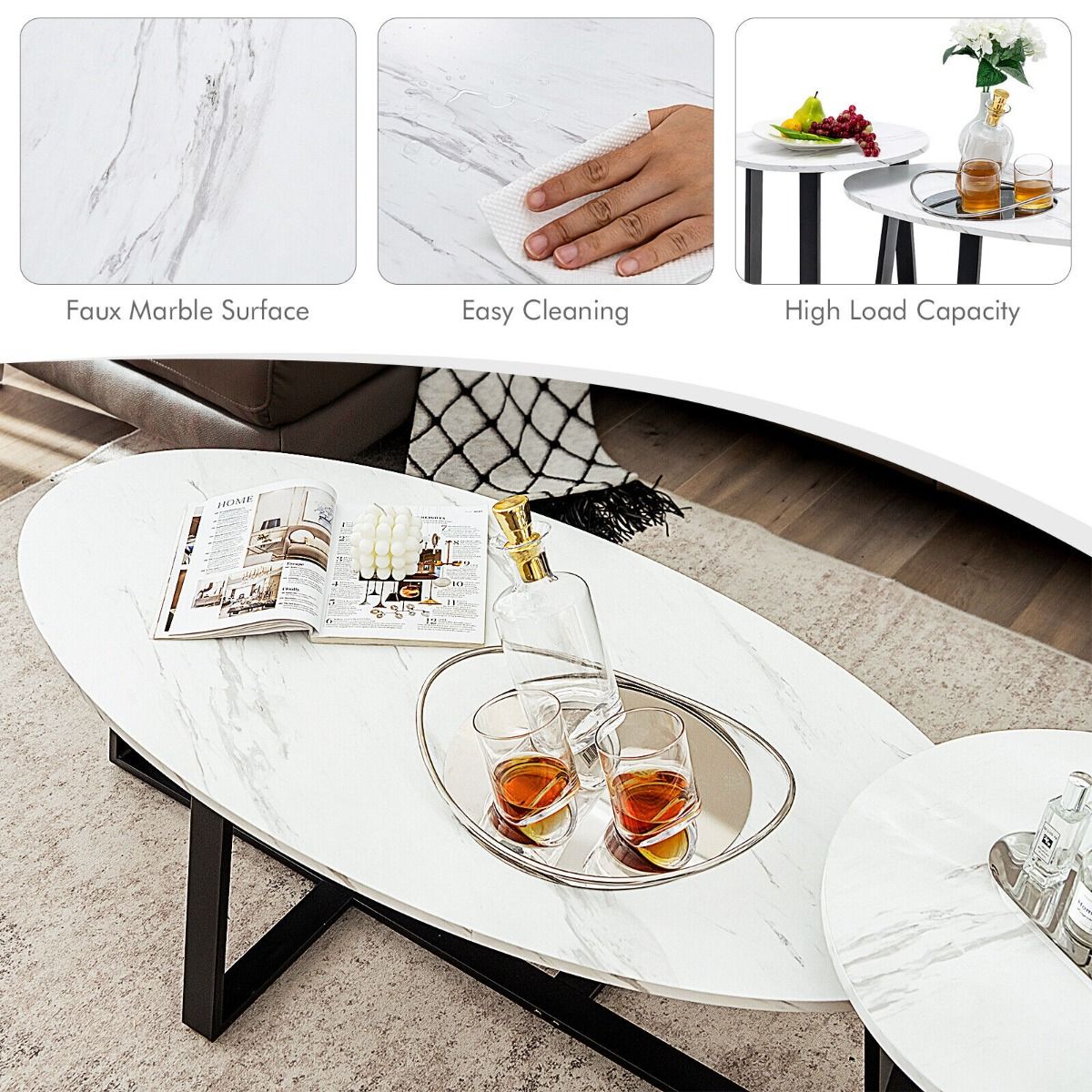 Set of 2 Modern Faux Marble Oval Round Coffee Table for Home Office